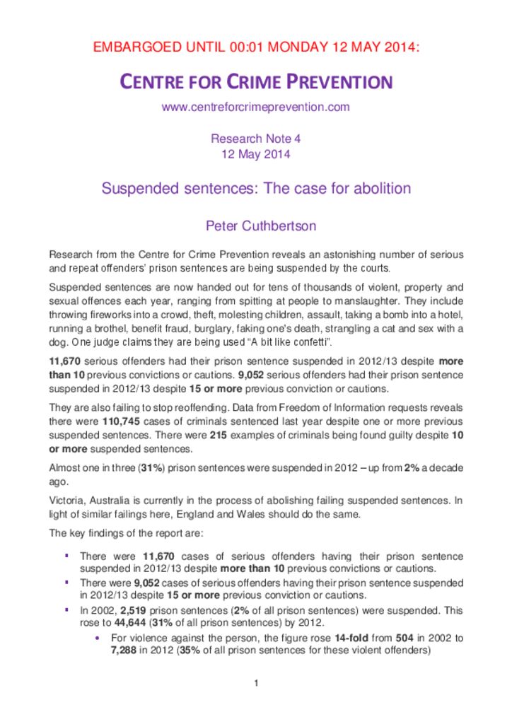 Suspended Sentences The case for abolition Centre for Crime Prevention